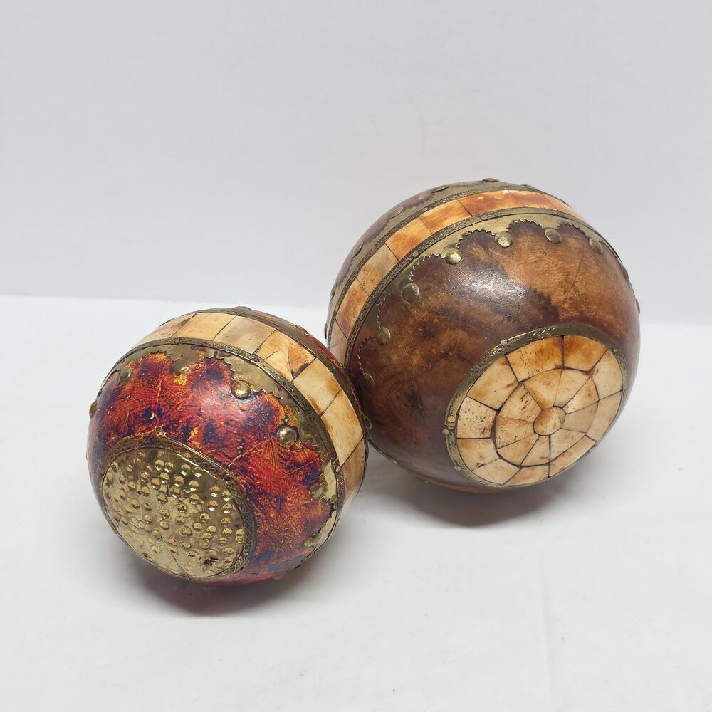 Vintage Balls Spheres Orbs Wood Brass Bone Inlay Decor Studded Lot of 2 Boho